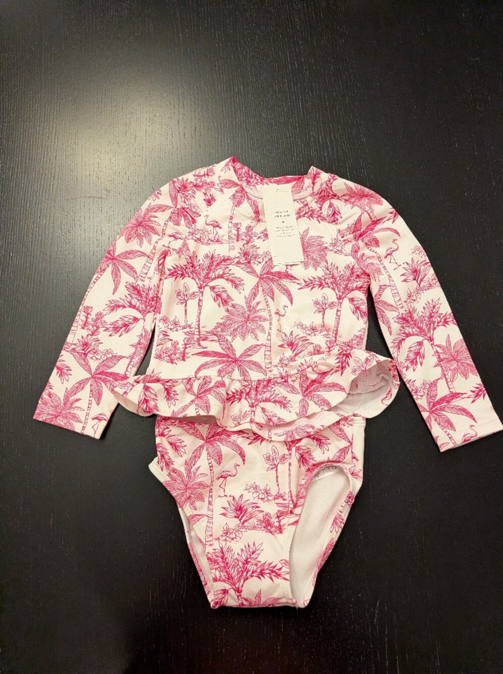Janie and Jack Pink and White Tropical Print Long-Sleeve Rash Guard One-Piece